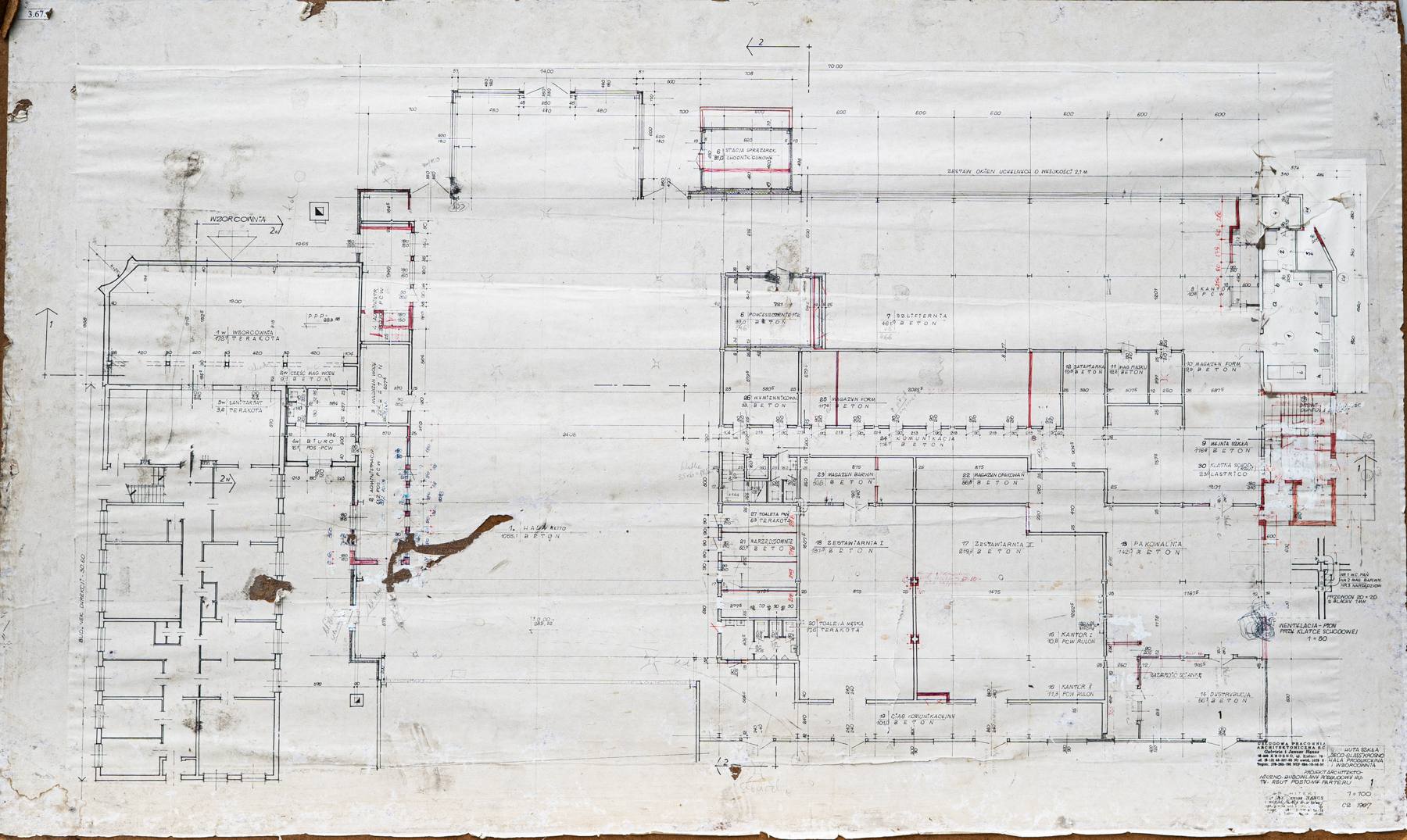 Ground-floor plan, production hall and offices